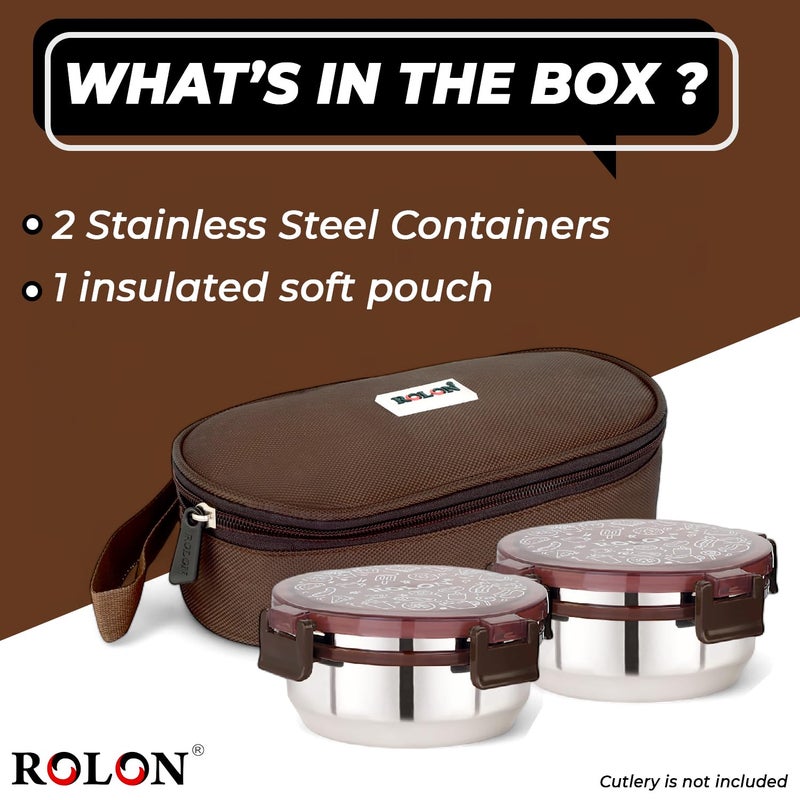 ROLON ROLON Lunch Lock 02 Brown LeakProof Design Portable and Durable Tiffin Box for Adults and Office Use 2 Round Stainless Steel Round Containers 300ml Each with Insulated Soft Pouch  - Image 4