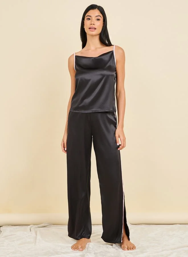 ستايلي Satin Contrast Piped Cami and Wide Leg Pant with Side Slit Set