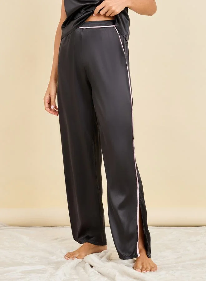 ستايلي Satin Contrast Piped Cami and Wide Leg Pant with Side Slit Set