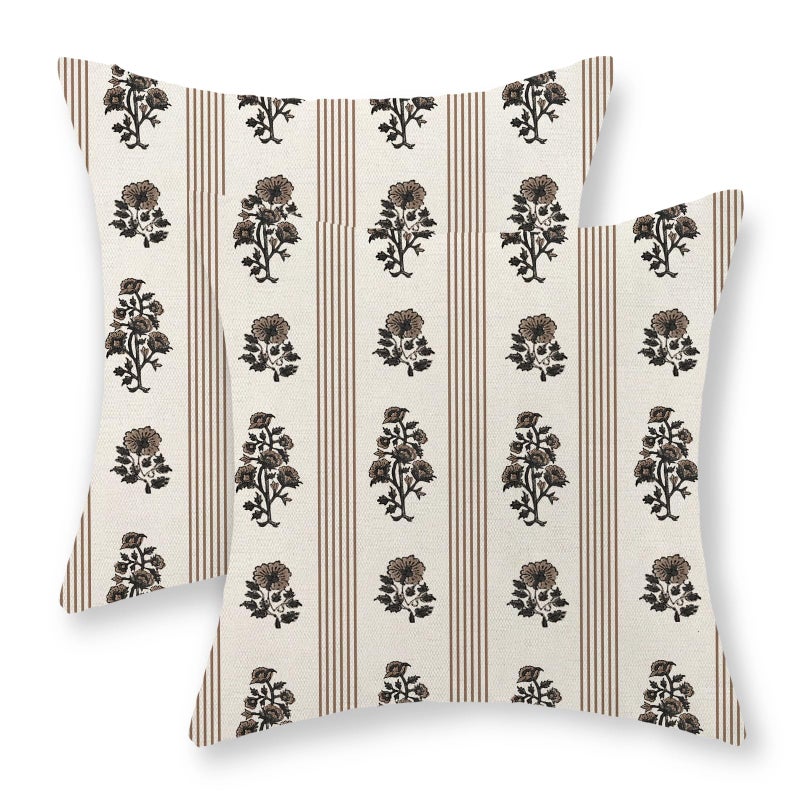 GOLIANDA Floral Pillow Covers 18x18 Inch Set of 2 Block Print Brown Throw Pillows Vintage Flower Boho Outdoor Decorative Pillow Cases Striped Farmhouse Linen Cushion Case for Couch Sofa Home Decor - Image 1