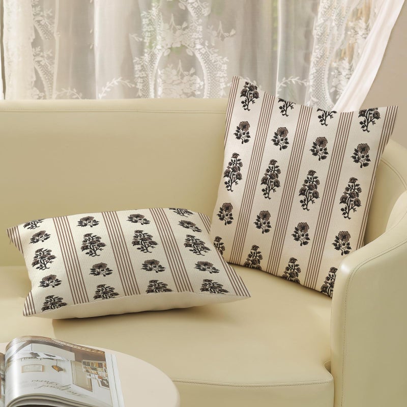 GOLIANDA Floral Pillow Covers 18x18 Inch Set of 2 Block Print Brown Throw Pillows Vintage Flower Boho Outdoor Decorative Pillow Cases Striped Farmhouse Linen Cushion Case for Couch Sofa Home Decor - Image 4