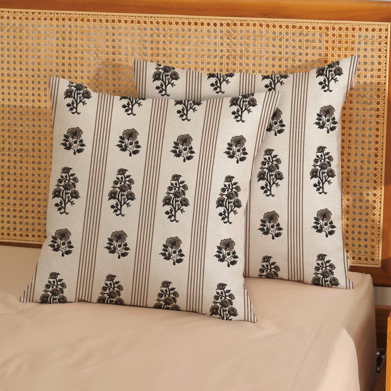 GOLIANDA Floral Pillow Covers 18x18 Inch Set of 2 Block Print Brown Throw Pillows Vintage Flower Boho Outdoor Decorative Pillow Cases Striped Farmhouse Linen Cushion Case for Couch Sofa Home Decor - Image 2