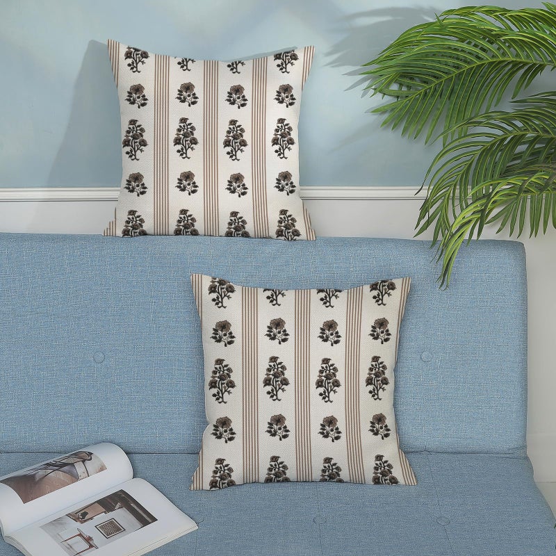 GOLIANDA Floral Pillow Covers 18x18 Inch Set of 2 Block Print Brown Throw Pillows Vintage Flower Boho Outdoor Decorative Pillow Cases Striped Farmhouse Linen Cushion Case for Couch Sofa Home Decor - Image 3