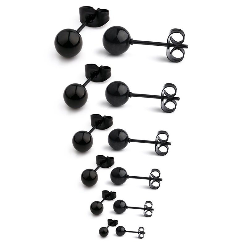 Ruifan 20G Stainless Steel Ball Stud Earrings for Men Women Round 3-8mm 6Pairs - Black - Image 1