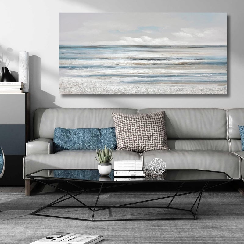 TRAIN2 ART Abstract Wall Art Modern Coastal Wall Decor Textured Blue and White Sea Background Canvas Wall Art for Living Room Bedroom Kitchen Office 20"x40" - Image 3