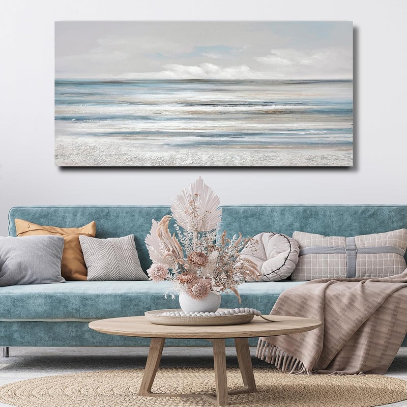 TRAIN2 ART Abstract Wall Art Modern Coastal Wall Decor Textured Blue and White Sea Background Canvas Wall Art for Living Room Bedroom Kitchen Office 20"x40" - Image 1