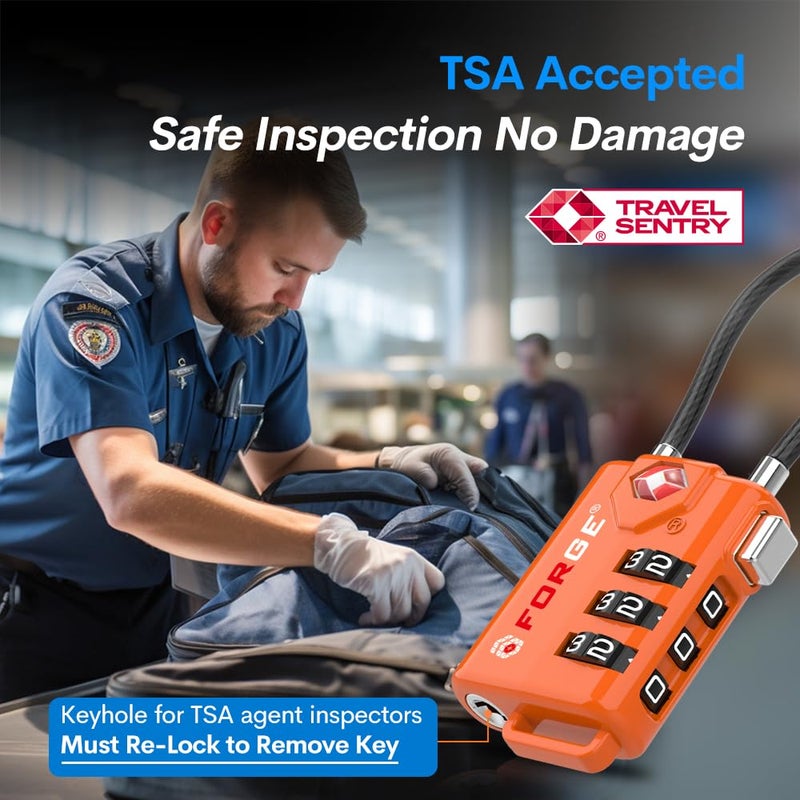 فورج أقفال أمتعة كابلية معتمدة من إدارة أمن النقل (TSA) مع تركيبة قابلة لإعادة الضبط وجسم من السبائك المعدنية باللون البرتقالي، 4 أقفال. - Image 2