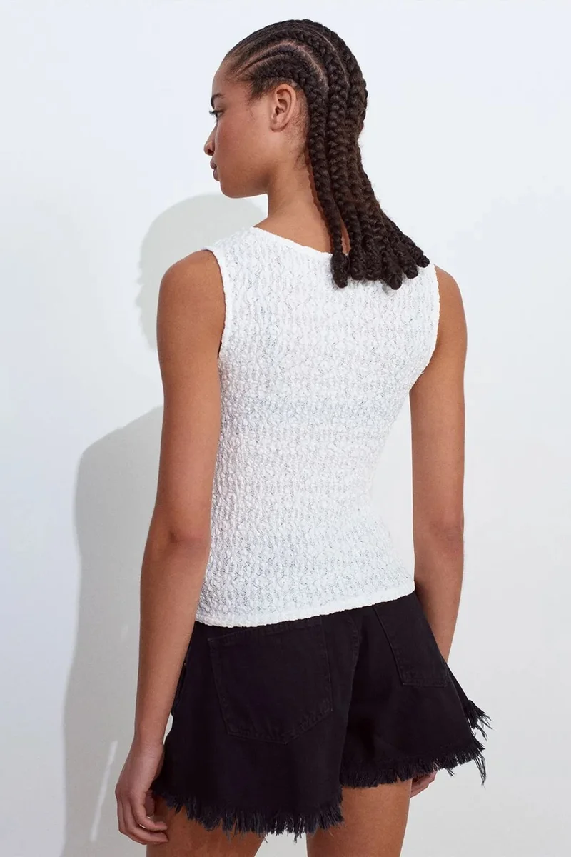 Dilvin White DILVIN Fitted Sleeveless Lace-knit Blouse for Women | Best Price UAE
