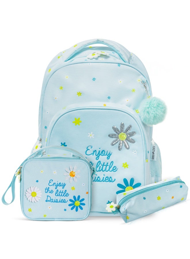 Eazy Kids حقيبة مدرسية للأطفال 17 بوصة مجموعة من 3 مع حقيبة غداء وحقيبة أقلام - ديزي الصغيرة الخضراء - Image 1