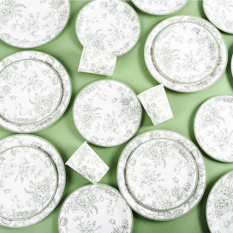Elyxio 175Pcs Sage Green Floral Paper Plates and Napkins 25 Guests Green Toile Chinoiserie Party Supplies Set Include Plates Napkins Cups Spoons Forks Knives for Birthday Wedding (175  Sage Green Floral) - Image 3