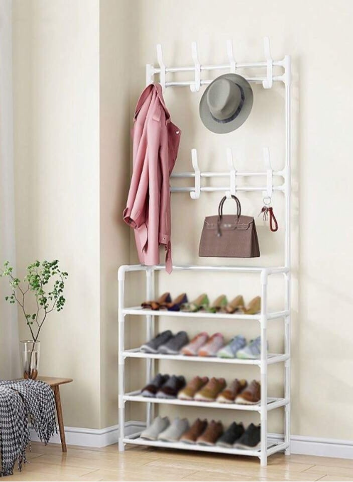 A stand with shelves and a hook for a coat, hat, clothes, bags, umbrellas, or scarves. Metal, white, 5-tier, lower shelves for storing shoes. An organizer used at the entrance to the house, in the office, bedroom, corridor, balcony, or university dormitory. Portable and can be easily disassembled and installed when you want to change its location. Space-saving design. The stand design is modern and fits most modern home decor. The stand frame is metal, economical and practical. Easy to install and easy to move or disassemble.  - Image 3