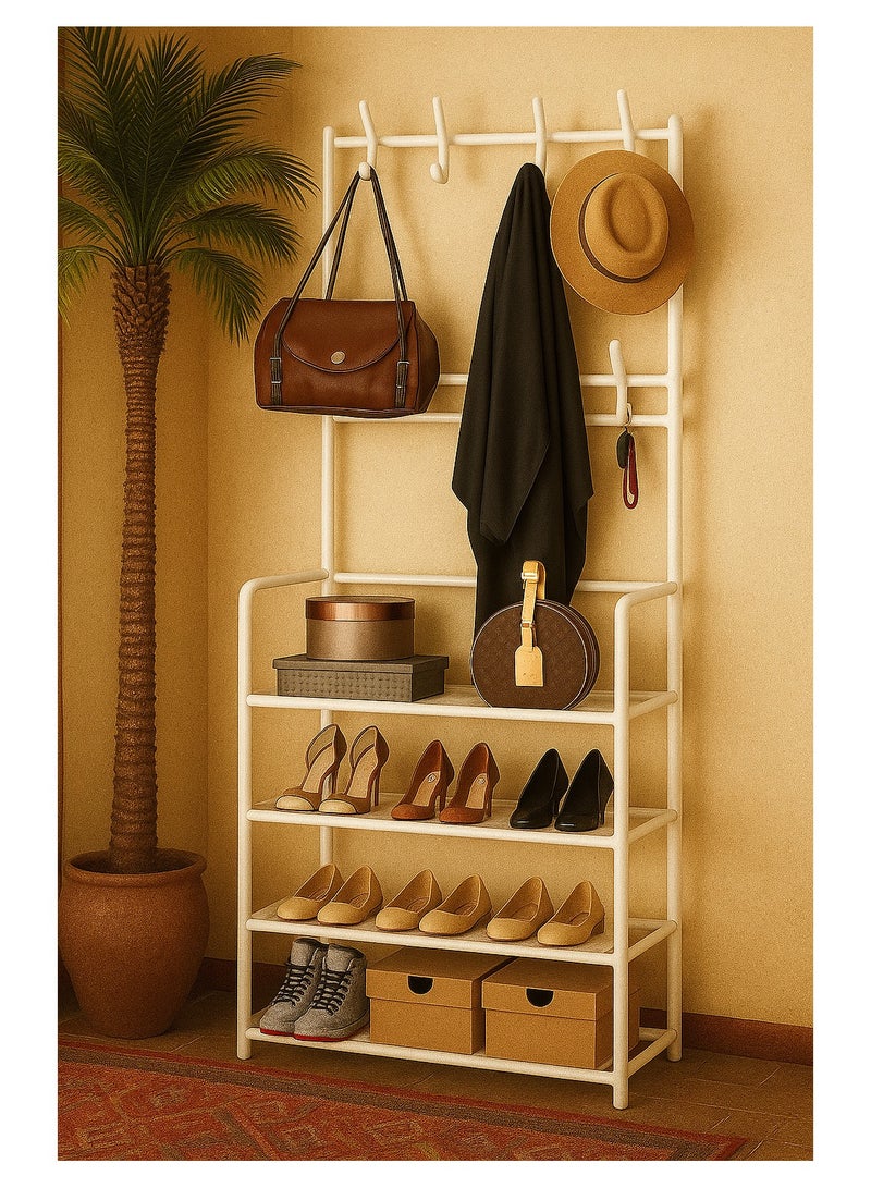 A stand with shelves and a hook for a coat, hat, clothes, bags, umbrellas, or scarves. Metal, white, 5-tier, lower shelves for storing shoes. An organizer used at the entrance to the house, in the office, bedroom, corridor, balcony, or university dormitory. Portable and can be easily disassembled and installed when you want to change its location. Space-saving design. The stand design is modern and fits most modern home decor. The stand frame is metal, economical and practical. Easy to install and easy to move or disassemble.  - Image 2