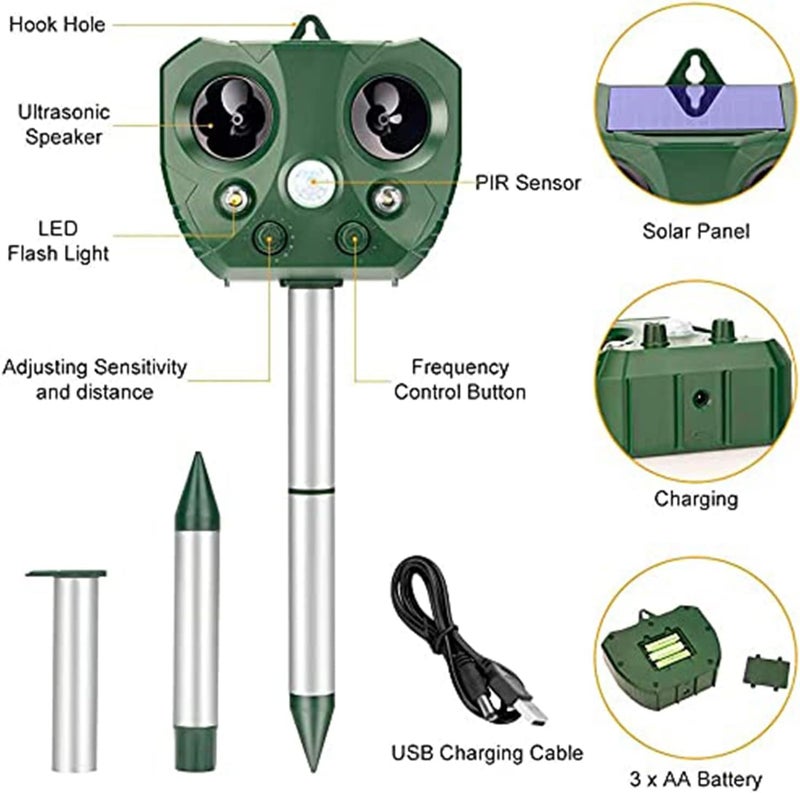 كاست ويف طارد الحيوانات بالطاقة الشمسية مقاوم للماء مع مستشعر الحركة، ضوء وامض، شحن USB يطرد بفعالية الكلاب والقطط والغزلان والراكون والأرانب والسناجب والطيور في المزرعة والحديقة والفناء. - Image 4