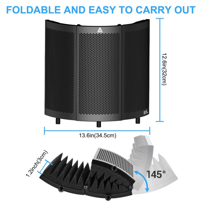 Audio Array AA-02 3-Panel Curved Isolation Shield with Insulation, Absorption & Reflection Filter | 3/8" and 5/8" Universal Mic Mount for Recording Studio, Podcasts, Singing & Broadcasting - Image 4