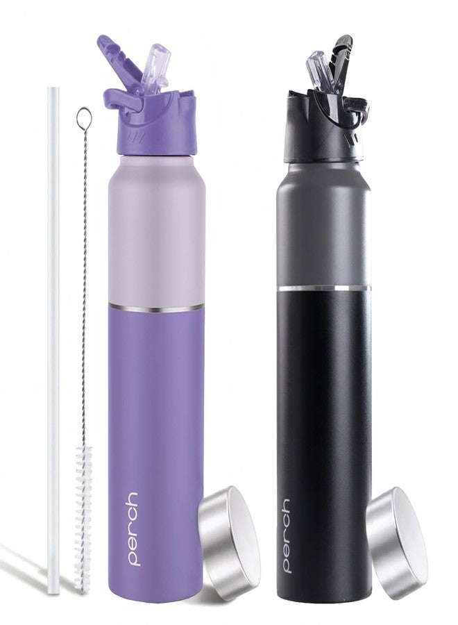 Perch Stainless Steel Sipper Water Bottle 1 LTR with Straw Cleaner | Single Wall Fridge Bottle| For Home, School, Office, Gym, Travel | Lightweight | BPA Free, Magic 1000ml | Set of 2 (Purple & Black) - Image 1