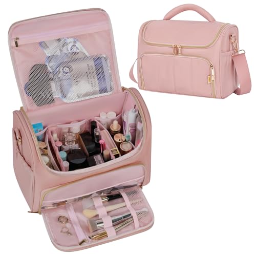 GR69N Travel Toiletry Bag Large Cosmetic Makeup Bag Organizer for Women,Wide-open Make Up Bag Waterproof Makeup Case Travel Bag with Handle and Dividers for Toiletries,Essentials,Accessories,Dark Pink - Image 1