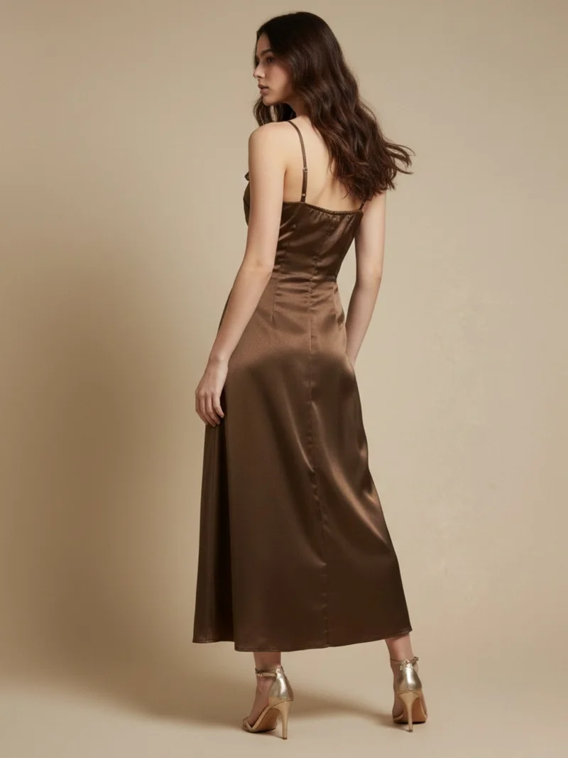 Outzidr  Brown Spaghetti Straps With  3D Floral Embellished Neckline Dress for Women | Best Price UAE