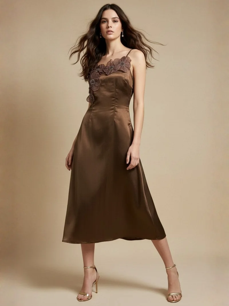 أوجيدر Brown Spaghetti Straps With  3D Floral Embellished Neckline Dress