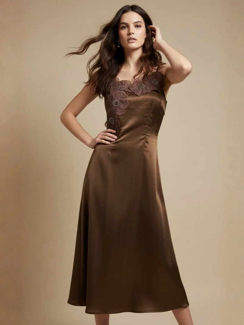 Outzidr  Brown Spaghetti Straps With  3D Floral Embellished Neckline Dress for Women | Best Price UAE