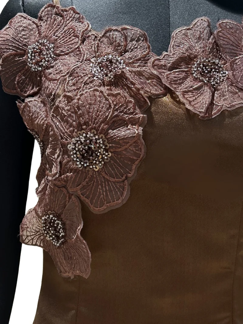 Outzidr  Brown Spaghetti Straps With  3D Floral Embellished Neckline Dress for Women | Best Price UAE