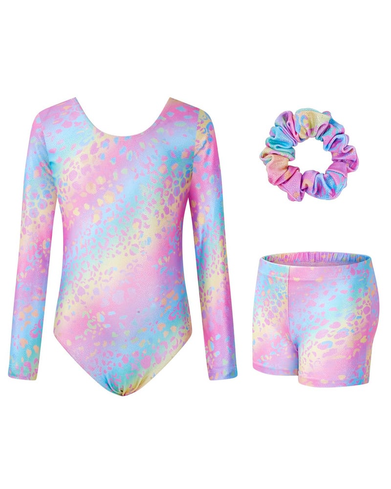 JiAmy Leotards for Girls Gymnastics, Long Sleeve Sparkly Dance Biketards with Shorts Ballet Tumbling Outfit Leopard Pink 6-7 years - Image 1
