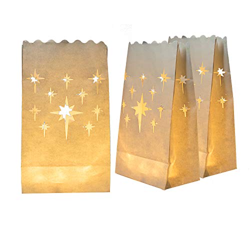Homemory White Luminary Bags, Upgraded Moisture-Proof Candle Bags, Stars Design Luminaries for Wedding, Party, Halloween, Thanksgiving, Christmas (50) - Image 1