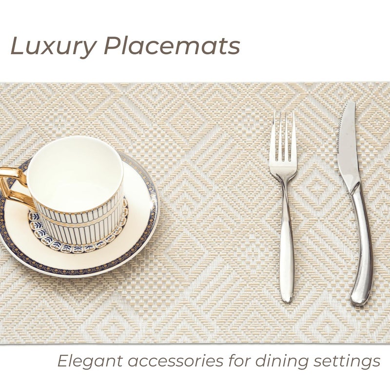 HS WORLD OF HORECA ESSENTIALS HS PVC Placemat 30x45cm Set of 6 Scratch Spill Resistant Woven Dining Table Mat Easy to Clean Table Protector for Home Commercial Settings Tableware OffWhite Geometric Pattern - Image 2