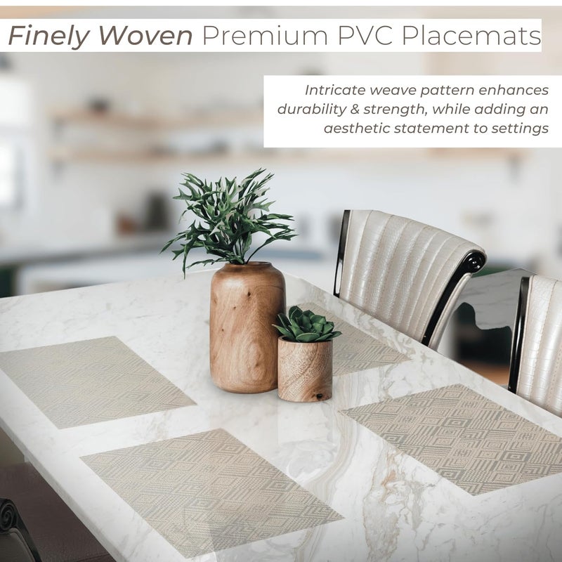 HS WORLD OF HORECA ESSENTIALS HS PVC Placemat 30x45cm Set of 6 Scratch Spill Resistant Woven Dining Table Mat Easy to Clean Table Protector for Home Commercial Settings Tableware OffWhite Geometric Pattern - Image 4