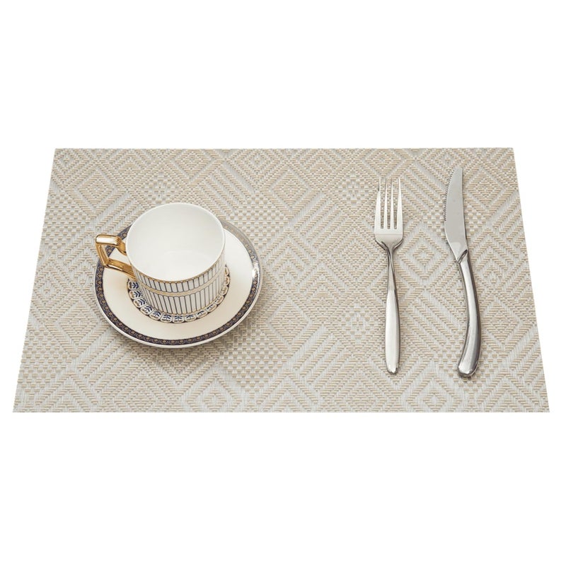 HS WORLD OF HORECA ESSENTIALS HS PVC Placemat 30x45cm Set of 6 Scratch Spill Resistant Woven Dining Table Mat Easy to Clean Table Protector for Home Commercial Settings Tableware OffWhite Geometric Pattern - Image 1