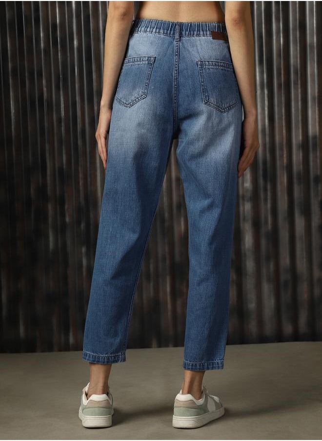 HIGH STAR - Women's Blue 100% Cotton Washed Regular Length Mom Fit Jeans - Image 1