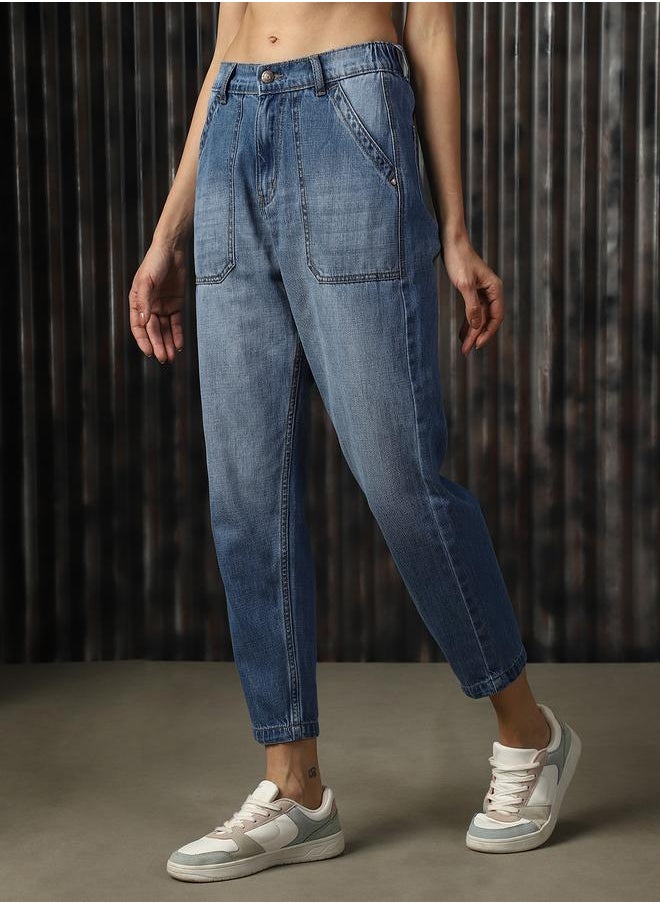 HIGH STAR - Women's Blue 100% Cotton Washed Regular Length Mom Fit Jeans - Image 1