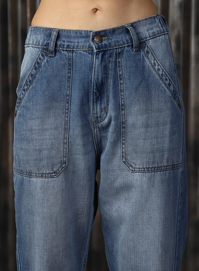 HIGH STAR Women's Blue 100% Cotton Washed Regular Length Mom Fit Jeans