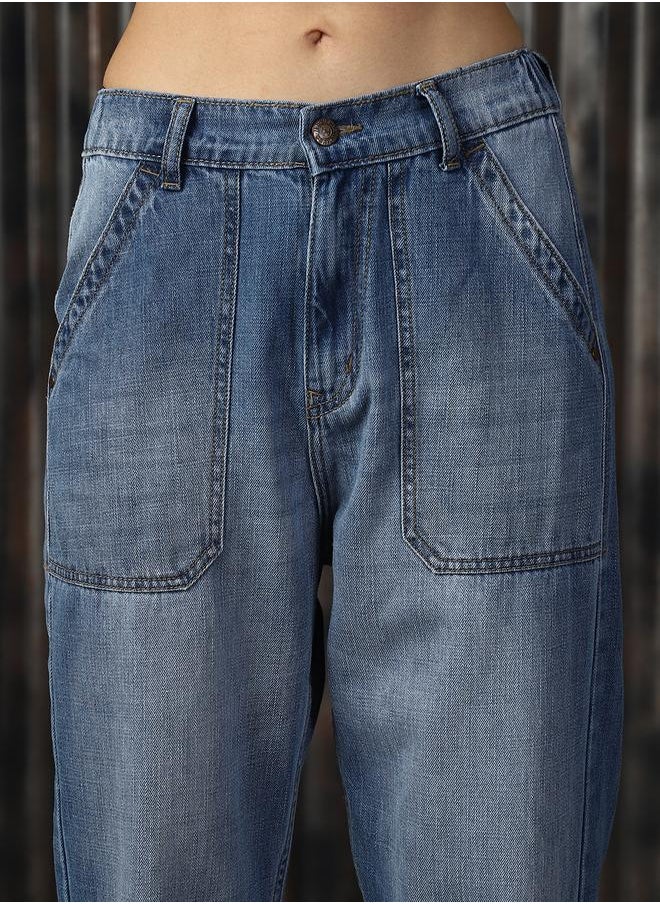 HIGH STAR - Women's Blue 100% Cotton Washed Regular Length Mom Fit Jeans - Image 1