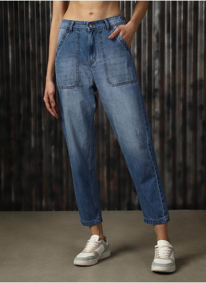 HIGH STAR - Women's Blue 100% Cotton Washed Regular Length Mom Fit Jeans - Image 1