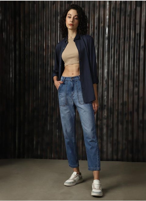 Women's Blue 100% Cotton Washed Regular Length Mom Fit Jeans