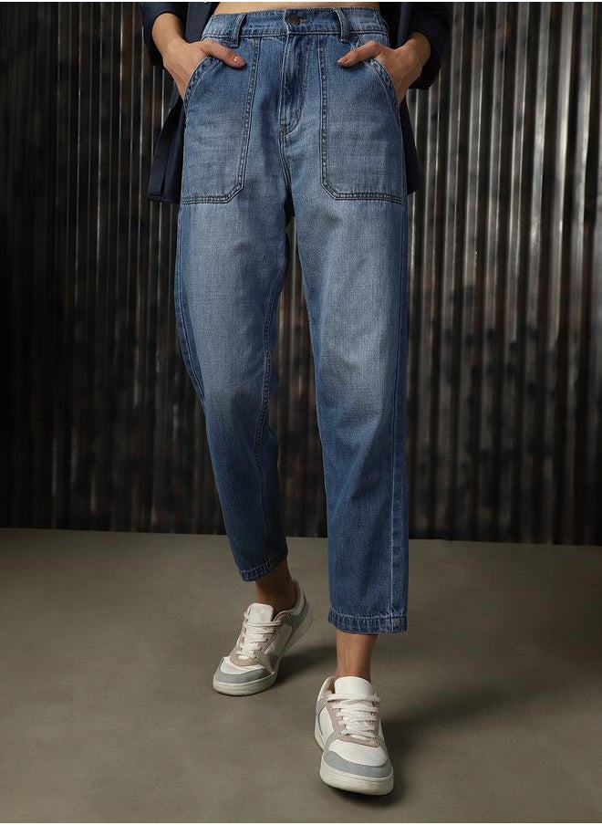 HIGH STAR - Women's Blue 100% Cotton Washed Regular Length Mom Fit Jeans - Image 1