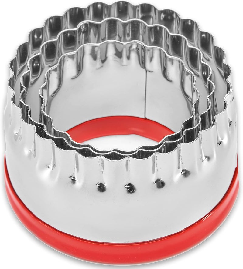 COOKIEQUE 3Pcs Fluted Round Cookie Cutters - 2" & 2.6" & 3", Heavy Duty Food-Grade Stainless Steel, Mini Biscuit Cutter, Unique Design with Protective Red Top PVC - Image 1