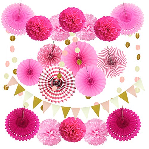 ZERODECO Party Decoration, 21 Pcs Pink Hanging Paper Fans, Pom Poms Flowers, Garlands String Polka Dot and Triangle Bunting Flags for Birthday Parties, Bridal Showers, Baby Showers, Wedding - Image 1