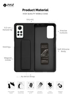 INEIX 3-in-1 Magnetic Wrist Strap Hand Grip Stand Back Case Cover for Xiaomi Redmi Note 12 Pro 4G-Black  - Image 2