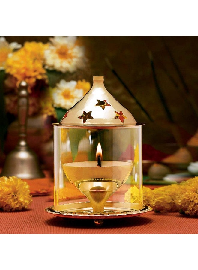 Puja N Pujari Puja N Pujari Crystal and Brass Akhand Diya Udupi Jyot with Glass Cover for Pooja and Diwali Decoration (10 X 13 cm)  - Image 1