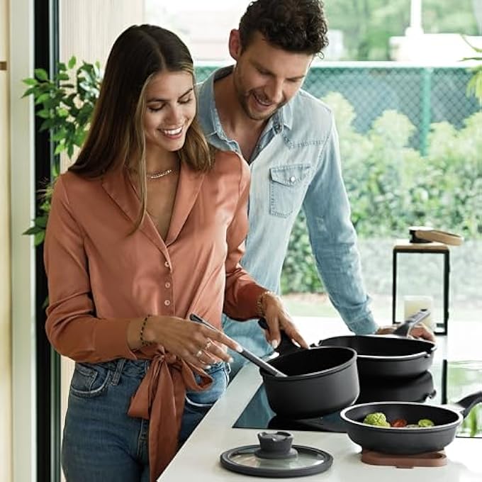 Berghoff Leo Stone NonStick Ceramic 7In Saucepan 21Qt With Glass Lid Recycled Aluminum Ceragreen NonToxic Long StayCool Handle Silicone Cover Spoon Rest Induction Pan - Image 5