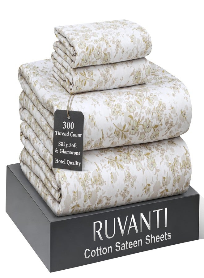 RUVANTI 100% Cotton Sheets Queen Size Bed Set - 300 Thread Count Silky Soft Sateen Weave, Cooling, Lightweight & Breathable, 16" Deep Pocket, Durable & Luxury Satin-Like, 4 Piece, Classic Bliss - Image 1