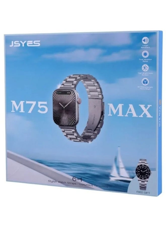 جيسي ساعة JSYES M75 MAX الذكية بتقنية البلوتوث - تصميم معدني فاخر، 7 أحزمة، شاشة كبيرة عالية الدقة، تتبع المكالمات واللياقة البدنية - Image 1