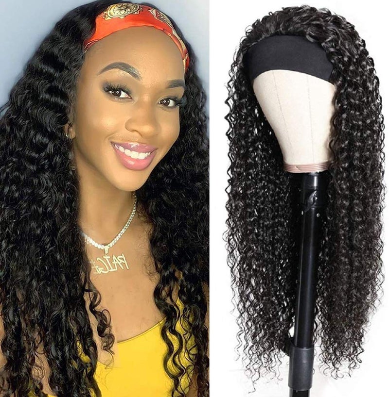 XSY Headband Wig Human Hair Deep Wave 18 Inch Curly Headband Human Hair Wigs for Black Women Glueless None Lace Front Wig 150 Density Natural Black Color