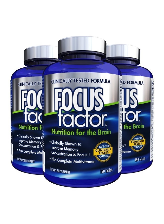 Focus Factor - Nutrition for The Brain, Improved Memory & Concentration Brain Supplement, Complete Multivitamin with Vitamins B6, B12, D, Bacopa Monnieri & Tyrosine, 150 Count (Pack of 3) - Image 1