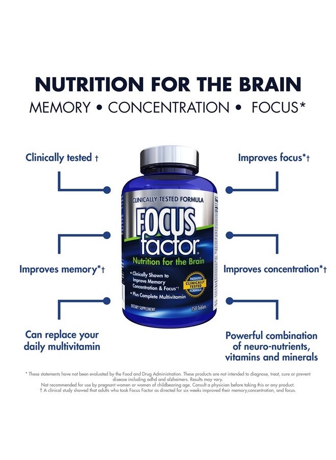 Focus Factor - Nutrition for The Brain, Improved Memory & Concentration Brain Supplement, Complete Multivitamin with Vitamins B6, B12, D, Bacopa Monnieri & Tyrosine, 150 Count (Pack of 3) - Image 1