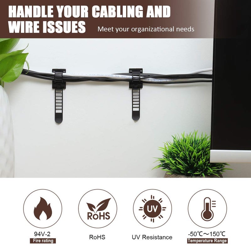 VAMRONE Adhesive Cable Management Clips, 100Pcs Adjustable Nylon Cable Strap Ties Wire Clips Clamps Organizer with Strong Adhesive Tape, Extra Screw & Hole for Strong Fixation Home Office - 3.35 Inch Black - Image 2