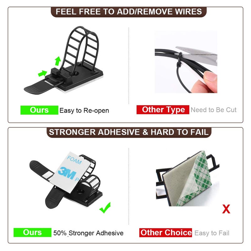 VAMRONE Adhesive Cable Management Clips, 100Pcs Adjustable Nylon Cable Strap Ties Wire Clips Clamps Organizer with Strong Adhesive Tape, Extra Screw & Hole for Strong Fixation Home Office - 3.35 Inch Black - Image 4