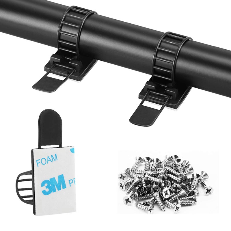VAMRONE Adhesive Cable Management Clips, 100Pcs Adjustable Nylon Cable Strap Ties Wire Clips Clamps Organizer with Strong Adhesive Tape, Extra Screw & Hole for Strong Fixation Home Office - 3.35 Inch Black - Image 1