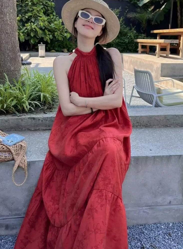 general Desert Tourism Skirt - New Chinese-style Red Neckline Dress for Women, Summer Vacation Style, Loose Long Skirt - Image 1